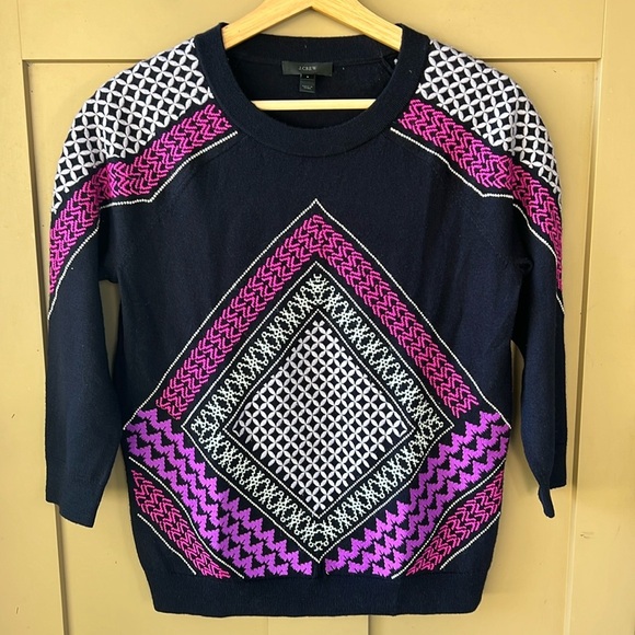 J. Crew Sweaters - J. Crew 100% Merino Wool 3/4 Sleeve Navy Sweater Geometric Embroidery S
